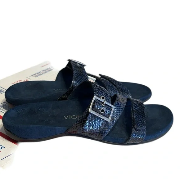 Vionic Skylar Adjustable Slide Orthotic Sandal 12 Blue Snake Embossed Comfort - Picture 3 of 10